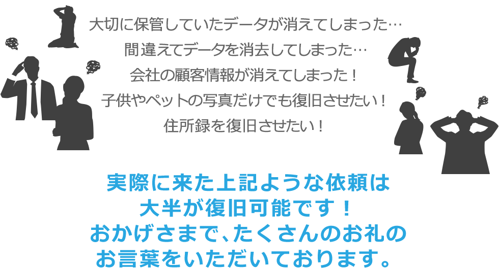 大切にしていたデータが消えた、間違えてデータを消した、会社の顧客情報が消えた、子供の写真ペットの写真を復旧させたい、住所録を復旧させたい